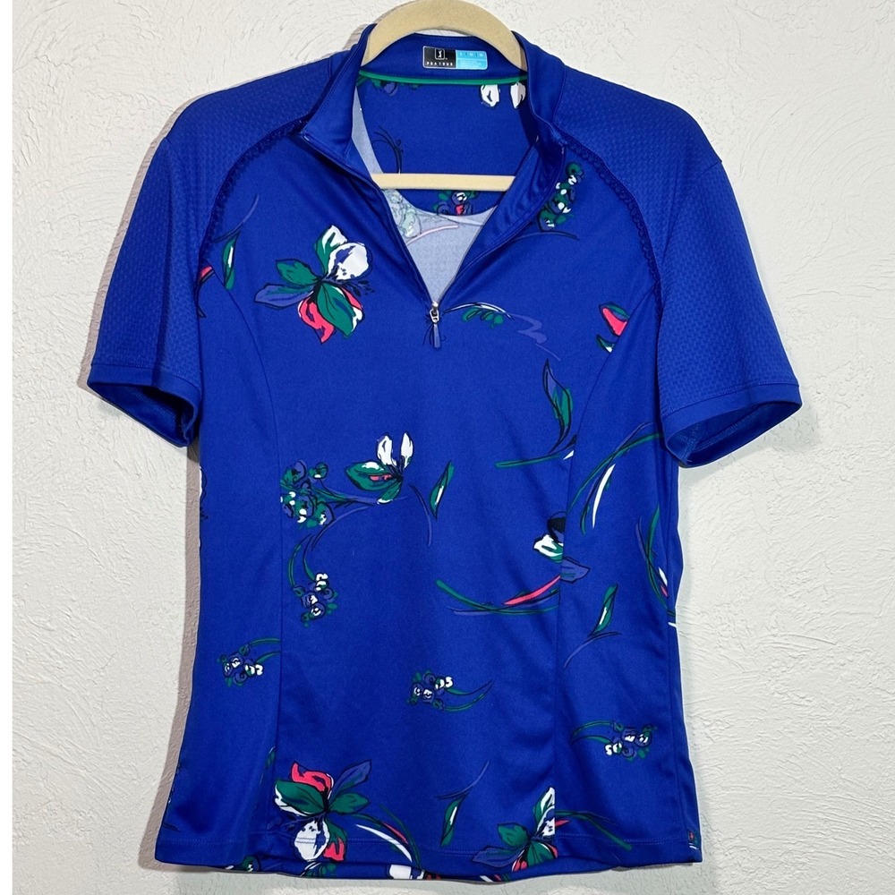PGA Tour - Womens Blue Floral Quarter Zip Golf Polo‎ Shirt Size L. Short Sleeve